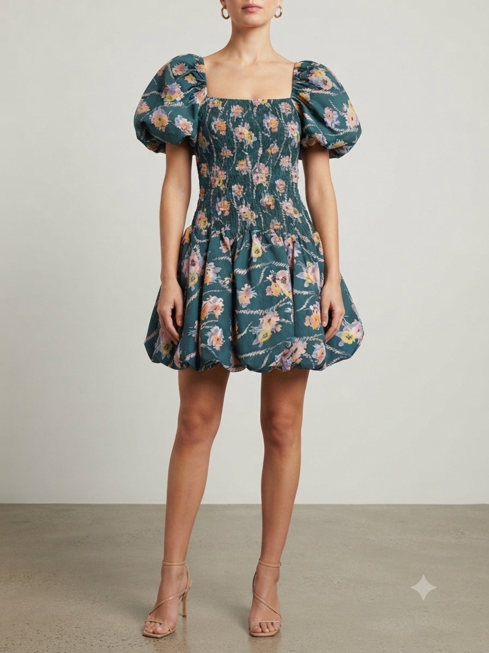 LoveShack Fancy Blue Floral Smocked Puff Sleeve Square Neck Mini Dress Size XS